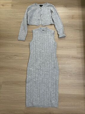 House of Harlow 1960 Light Gray Ribbed Maxi Dress with Cropped Cardigan